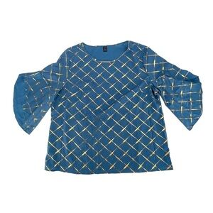 SHEIN Gold Print Blue Flounced Short Sleeve Blouse Size XL Women’s